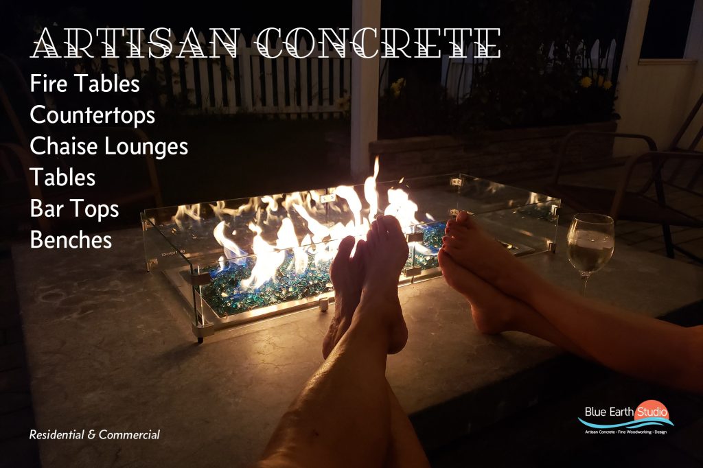 Artisan Concrete fire table poster; Residential & Commercial; Fire Tables, Coutertops, Chaise Lounges, Tables, Bar Tops, Benches