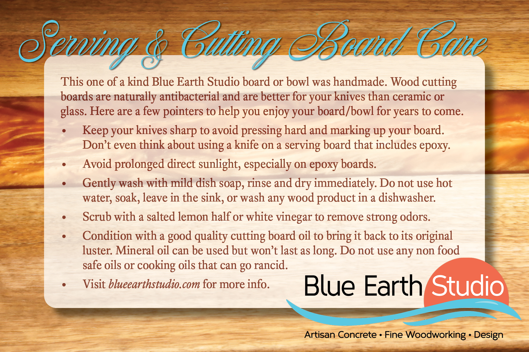 Serving and cutting board care card